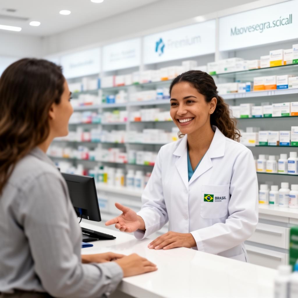 Farmacêutica atendendo cliente no balcão da Kamyfarm
